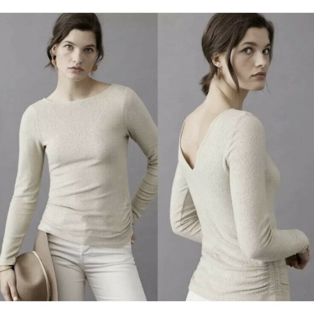 Anthropologie XS Pullover Rhea Boat Neck Ruched Top Moss Sage Green V back New